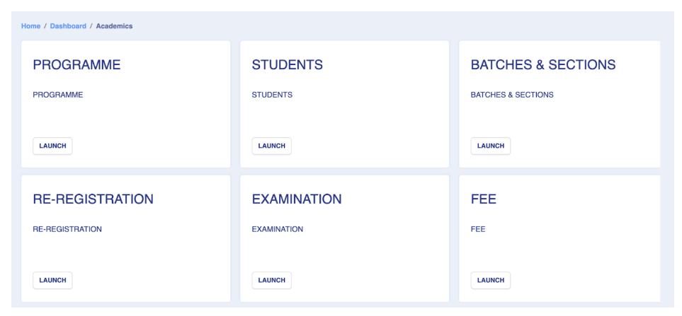 Samarth portal dashboard showing programme students examination and fee service modules