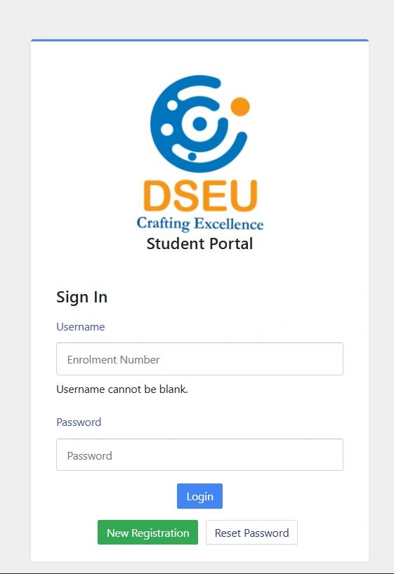 Samarth-style student login screen with enrolment number password new registration and reset password
