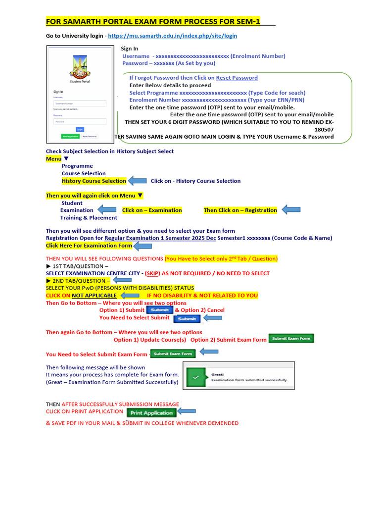 Samarth examination form process guide with menu and submit exam form steps