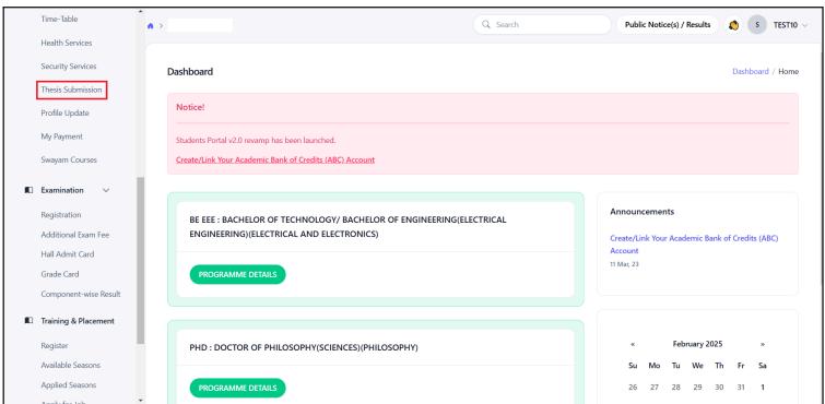 Samarth student dashboard showing examination services for hall ticket access